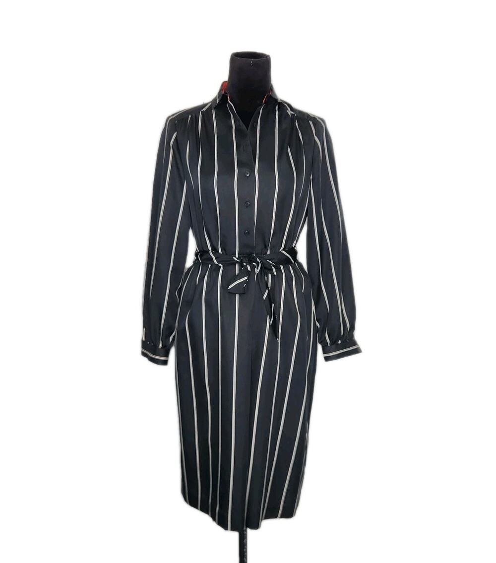 Vtg 80s Schrader Sport Saks Fifth Avenue Striped Shirt Dress Belted Black Size 8